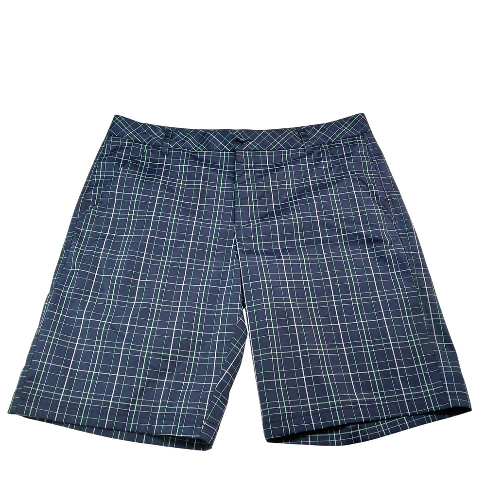 Fila Sport Golf Shorts Mens 38 Navy Blue Plaid Lime Green Performance Stretch